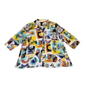 ALI MILES Button Front Tunic Top Artsy Art To Wear Rainbow Colorful Preppy 1X